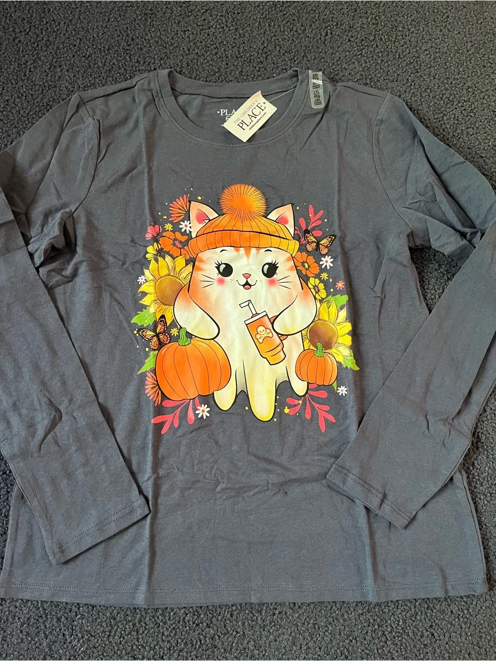 The Children's Place Charcoal Long-Sleeve Cat & Pumpkin Graphic Tee